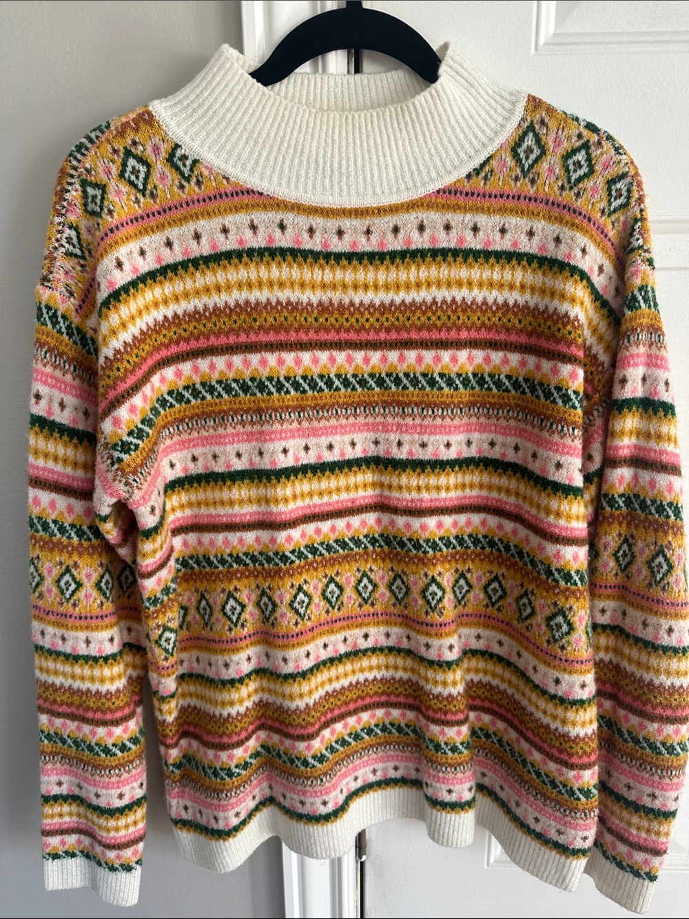 Talbots Cream, Pink, Mustard & Green Fair Isle Turtleneck Sweater